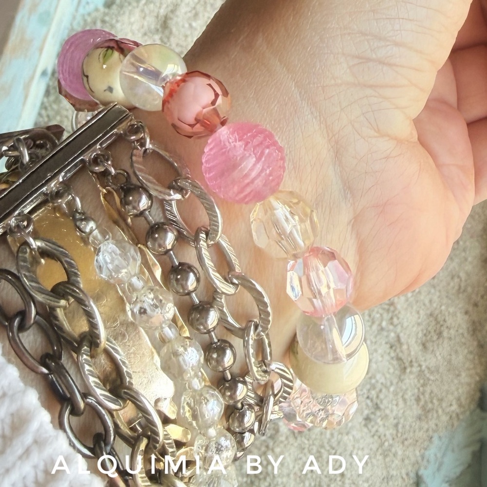 Alquimia Pink,  , AURA QUARTZ & Floral Beaded Bracelet